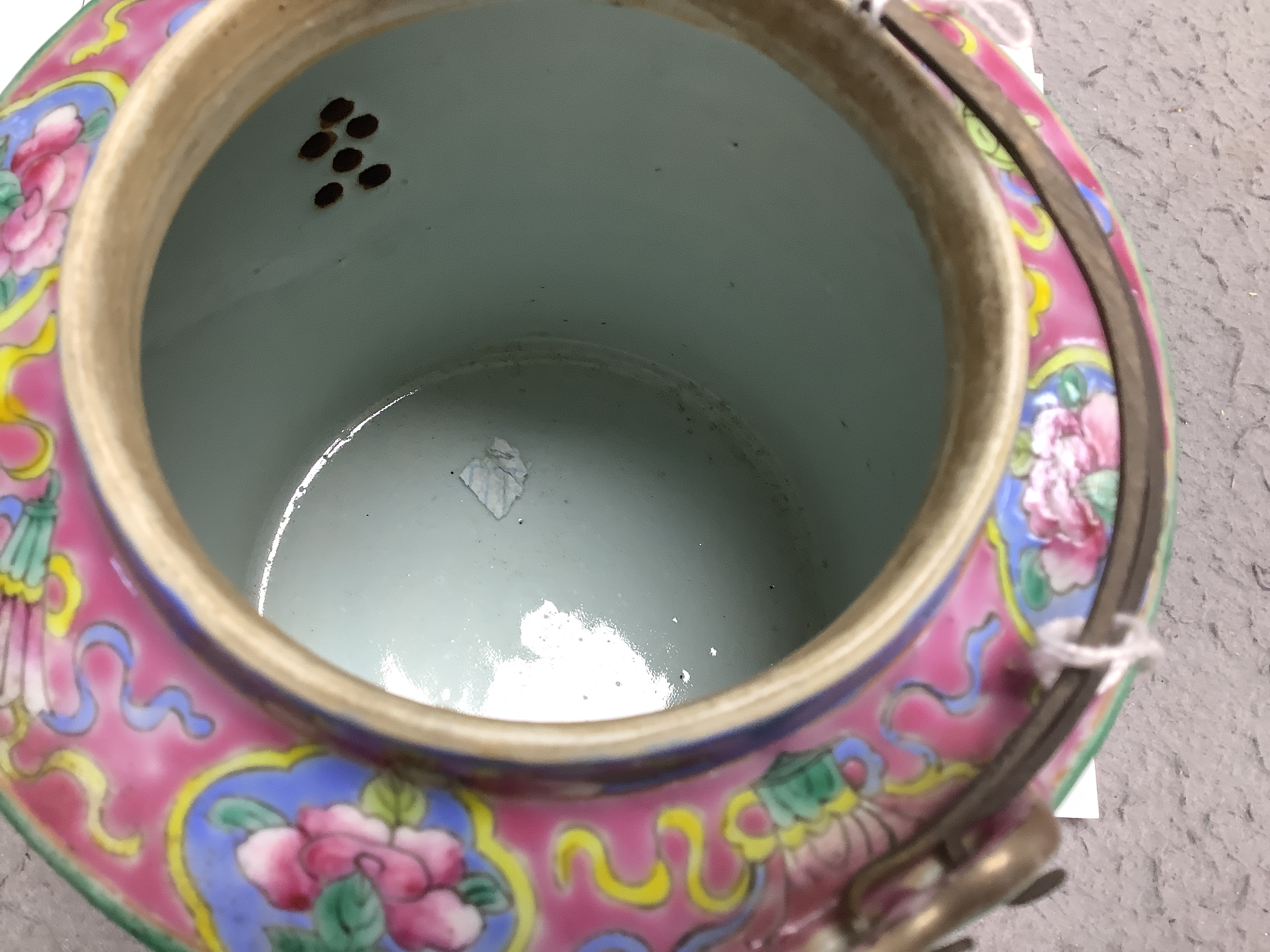 A Chinese Straits enamelled porcelain teapot and cover and seven similar tea bowls, Guangxu period and a pillow, teapot 18cm high including cover